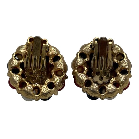 Red White & Blue Bead Cluster Gold Tone Rope Center Clip-on Earrings Vintage - Picture 2 of 4